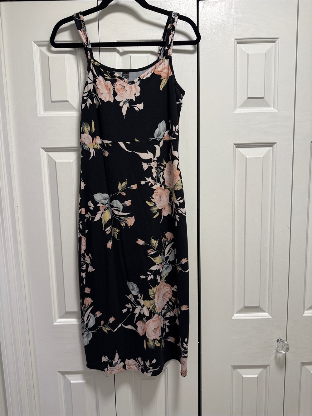 SHEIN Black Midi Slip Dress with Pink Floral Print